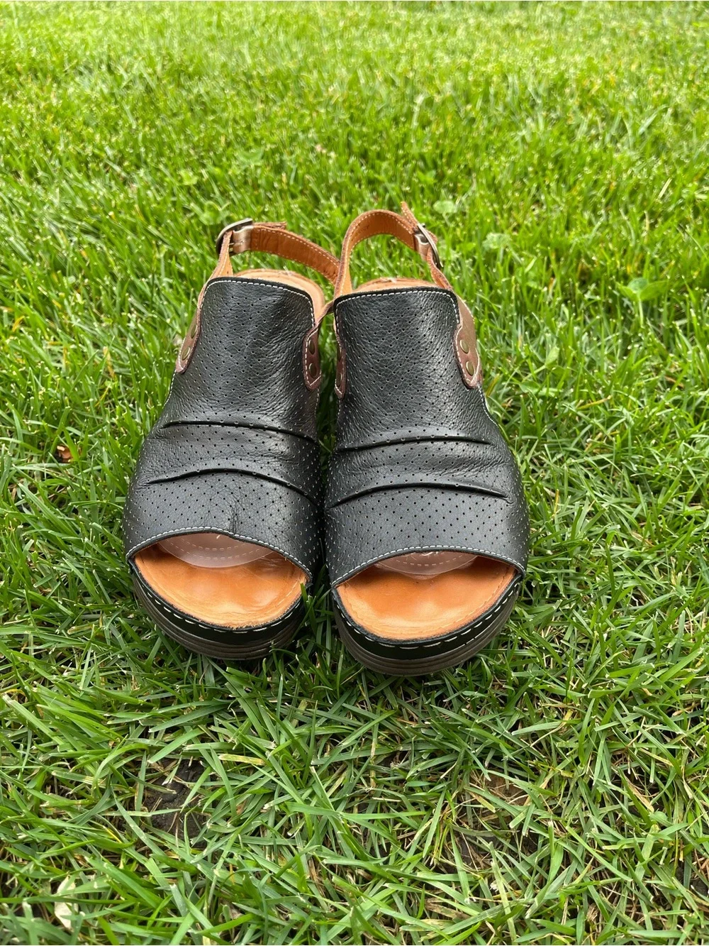 Inca Pamela Black Brown Leather Wedge Sandals Slingback Comfort EU 40 / US 9-9.5